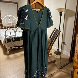 THE GREAT. Forest Green Dress with White Floral Accents